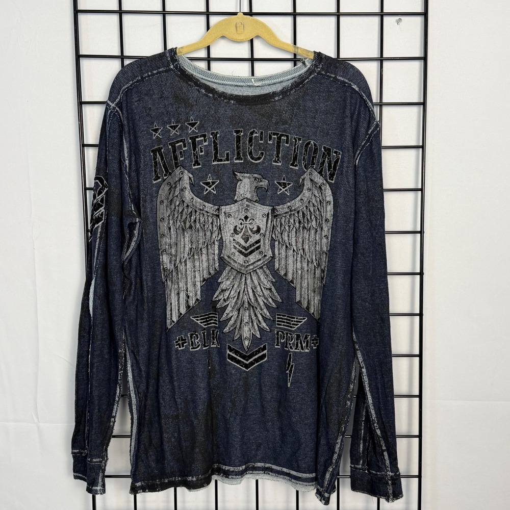 Affliction Reversible Thermal Shirt Womens XL Blue Grey Eagle Y2K Distressed